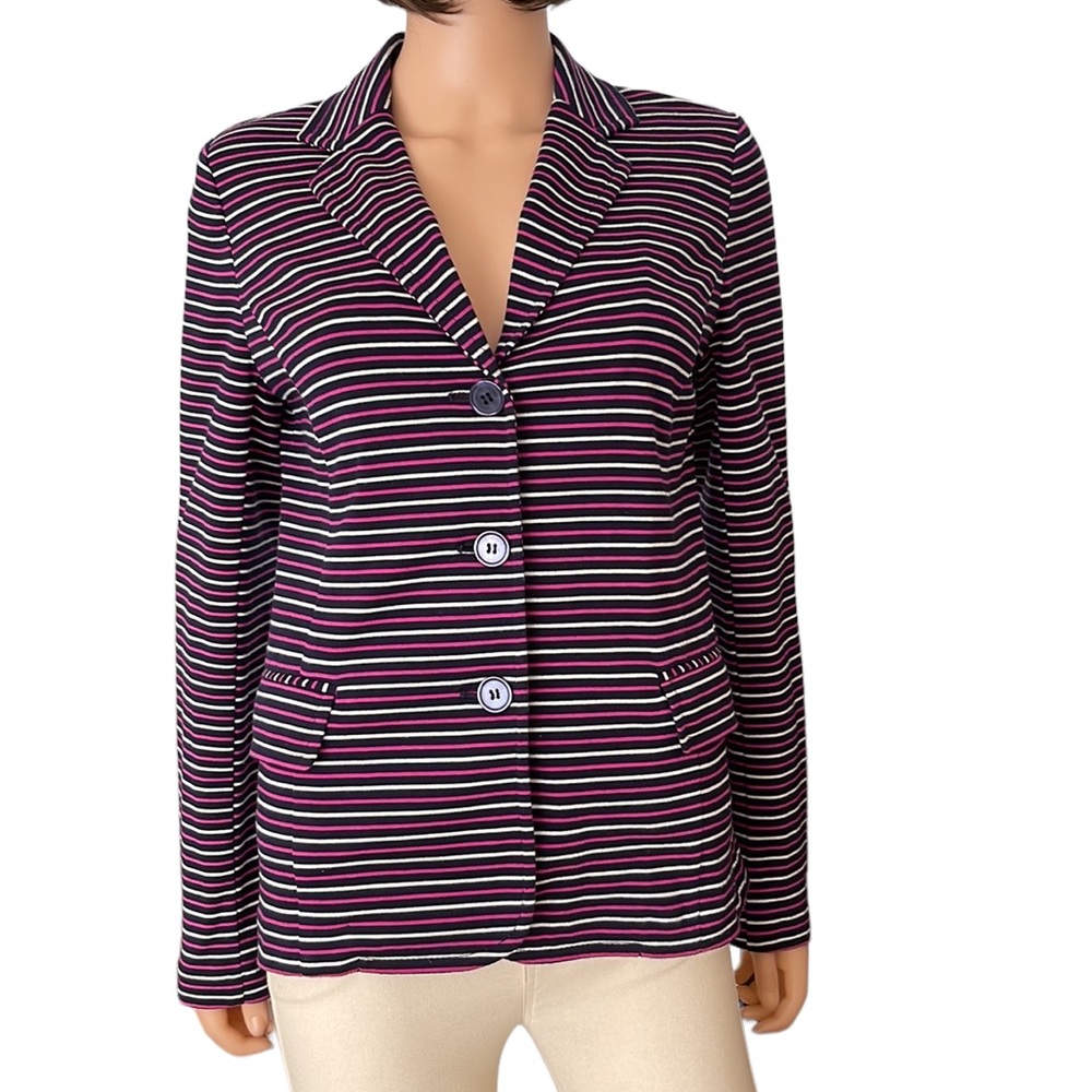 Talbots black white pink striped cotton blazer